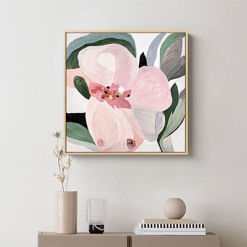 Flower Wall Art Decor Traditional Textured Square Canvas in Pink for Living Room