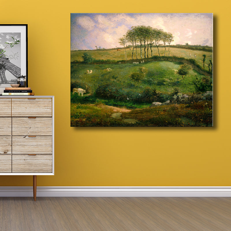 Vintage Canvas Print Green Grassland and Flock of Sheep Wall Art for Living Room