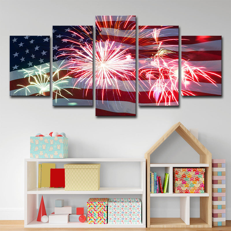 Modernist Flag and Firework Canvas House Interior Wall Art Print in Red and Blue