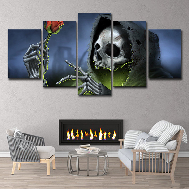 Grim Reaper with Rose Art Print Modern Style Multi-Piece Wall Decor in Blue for Room