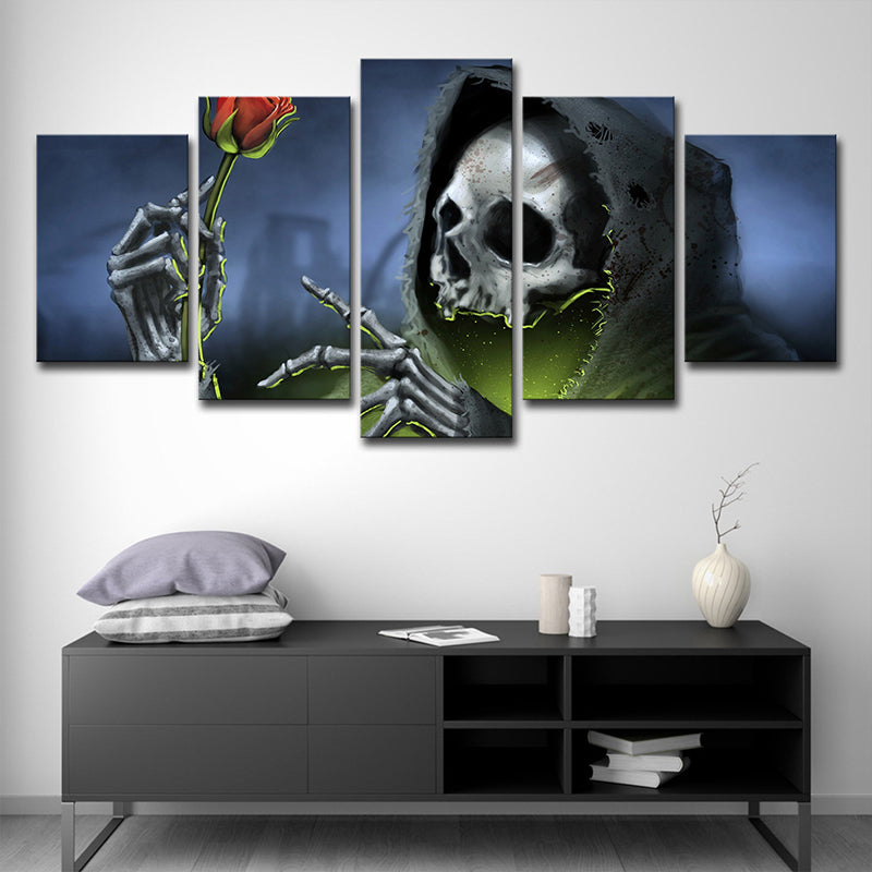 Grim Reaper with Rose Art Print Modern Style Multi-Piece Wall Decor in Blue for Room