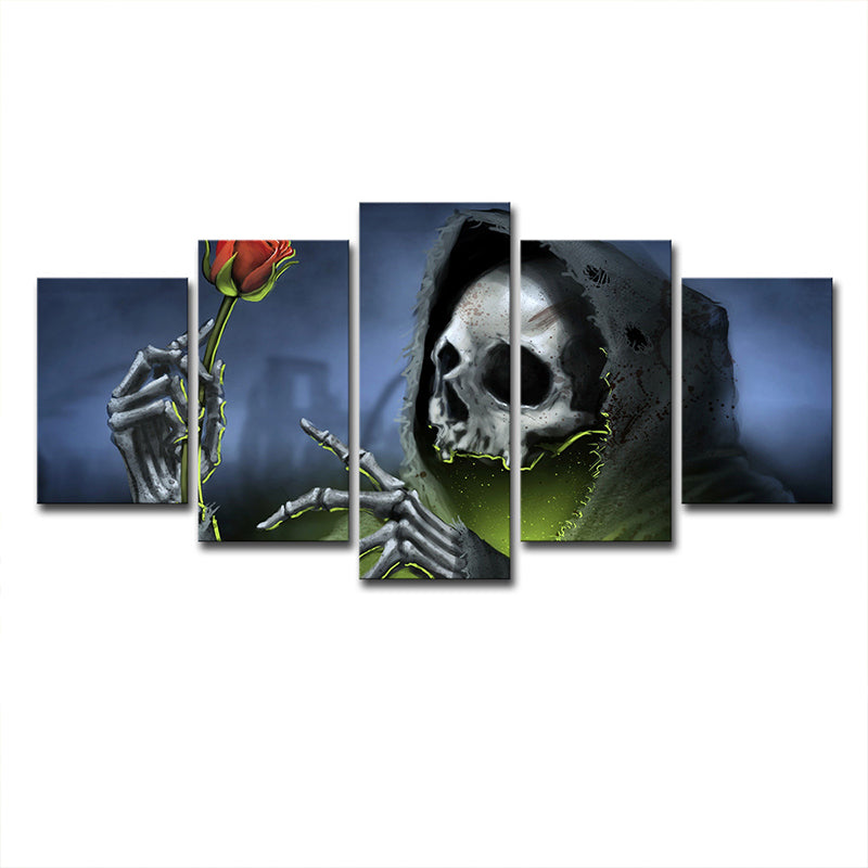 Grim Reaper with Rose Art Print Modern Style Multi-Piece Wall Decor in Blue for Room