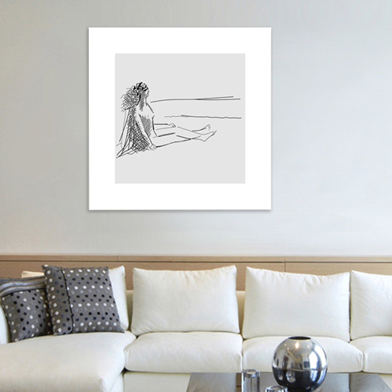 Man Sit Against Wall Canvas for Home Line Figure Drawing Art Print in Black-White, Texture