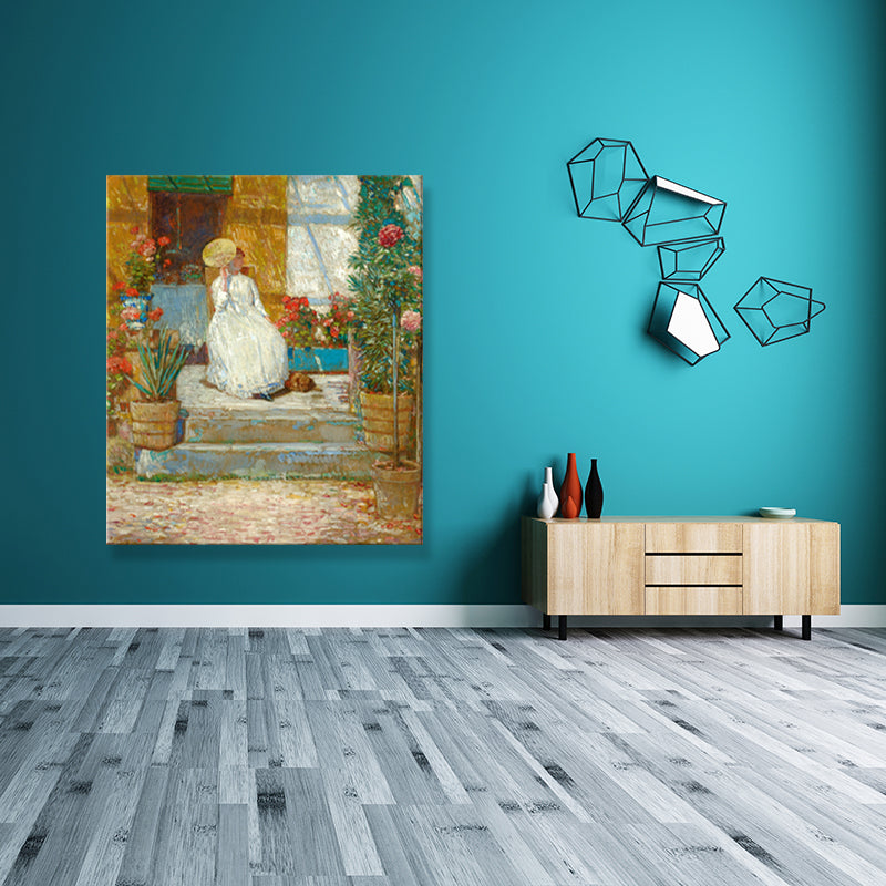 Textured European Lady Wall Decor Rustic Canvas Painting in Pastel Color for Living Room