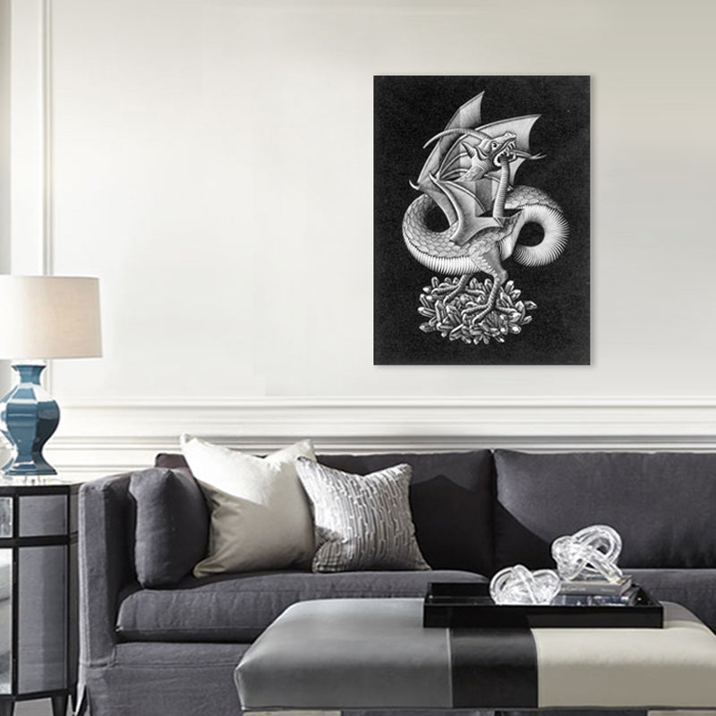 Illusion Pencil Dragon Canvas Art Modern Textured Boys Room Wall Decor in Grey on Black