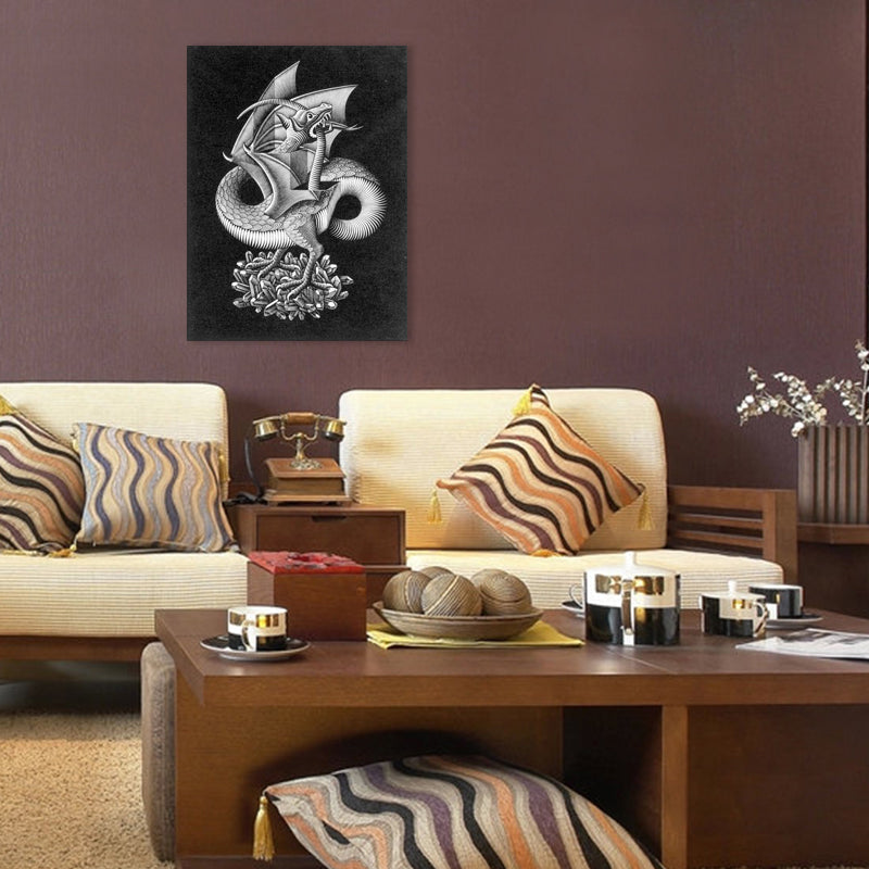 Illusion Pencil Dragon Canvas Art Modern Textured Boys Room Wall Decor in Grey on Black