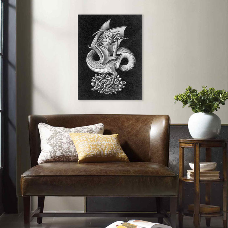 Illusion Pencil Dragon Canvas Art Modern Textured Boys Room Wall Decor in Grey on Black