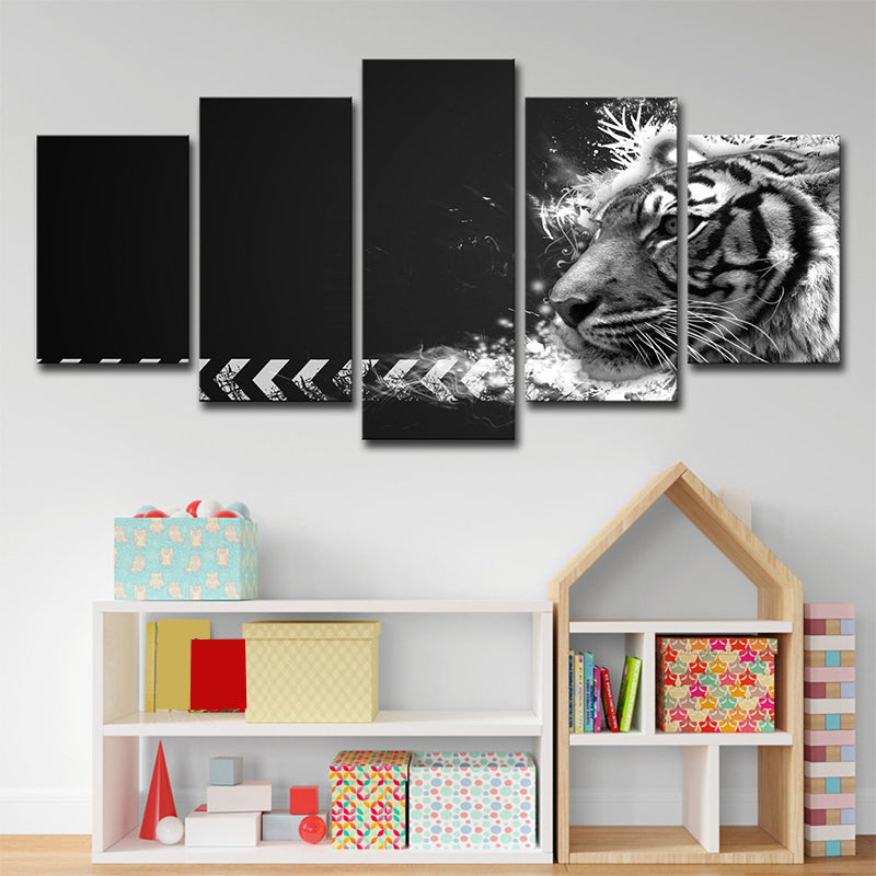 White Tiger Wall Art Multi-Piece Contemporary Sitting Room Canvas in Black