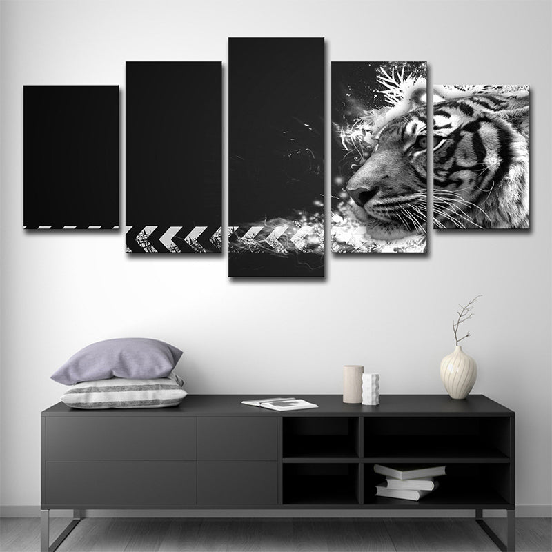 White Tiger Wall Art Multi-Piece Contemporary Sitting Room Canvas in Black