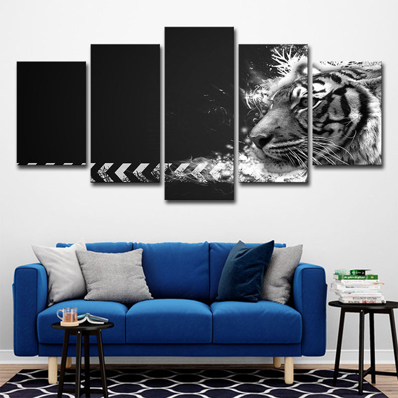 White Tiger Wall Art Multi-Piece Contemporary Sitting Room Canvas in Black