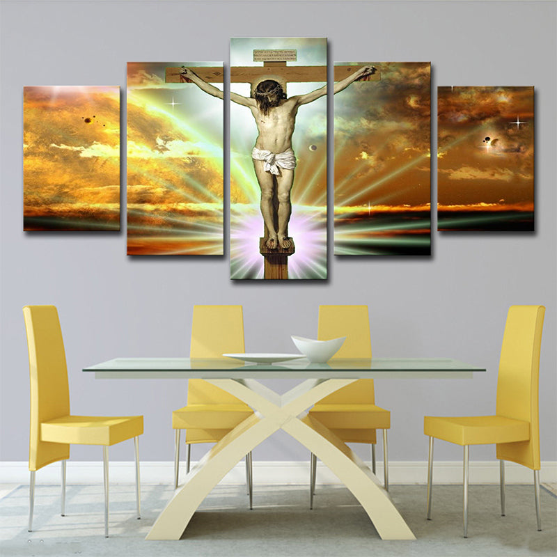 Global Inspired Religion Wall Art Yellow Jesus on the Cross with Sunlight Background Canvas