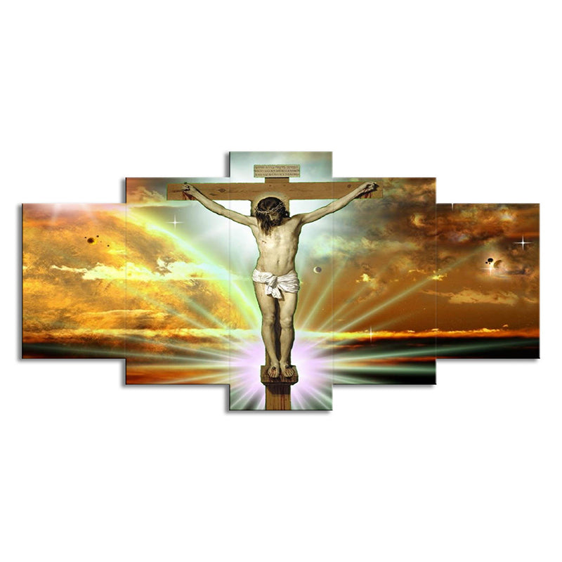 Global Inspired Religion Wall Art Yellow Jesus on the Cross with Sunlight Background Canvas