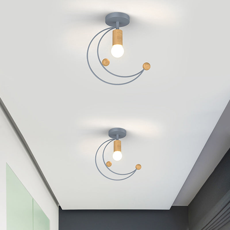 Luce a soffitto a mezzaluna metallica Modernismo 1 Lulb Semi Flush Monte Lighting con palla di legno Deco in nero/bianco/grigio