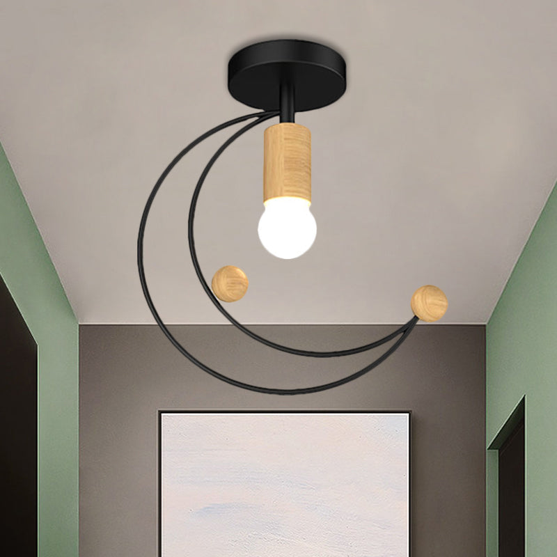 Luce a soffitto a mezzaluna metallica Modernismo 1 Lulb Semi Flush Monte Lighting con palla di legno Deco in nero/bianco/grigio