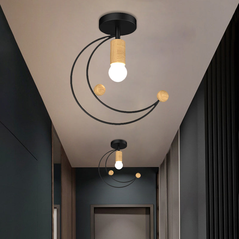 Luce a soffitto a mezzaluna metallica Modernismo 1 Lulb Semi Flush Monte Lighting con palla di legno Deco in nero/bianco/grigio