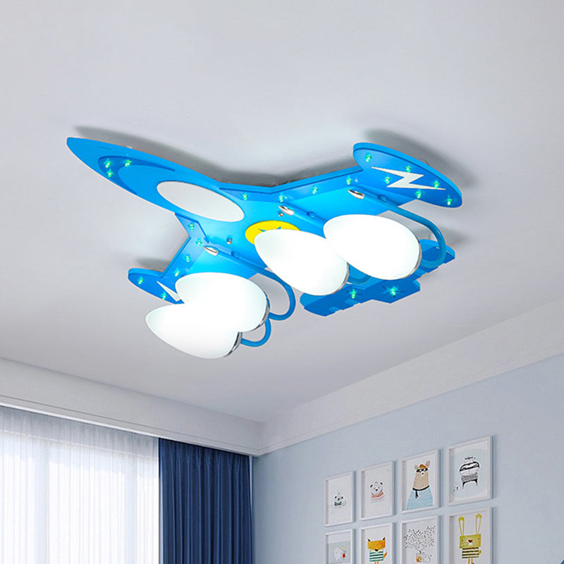 Opal Glass Egg-Like Semi Mount Lighting Cartoon 4 Heads Blue Ceiling Flush with Airplane Design