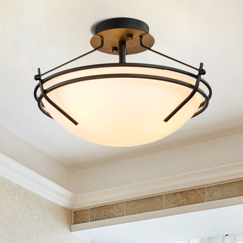 Bowl Bedroom Semi Flush Mount Traditional Opaque Glass 3 Heads Black Ceiling Light Fixture