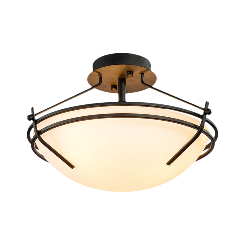 Bowl Bedroom Semi Flush Mount Traditional Opaque Glass 3 Heads Black Ceiling Light Fixture