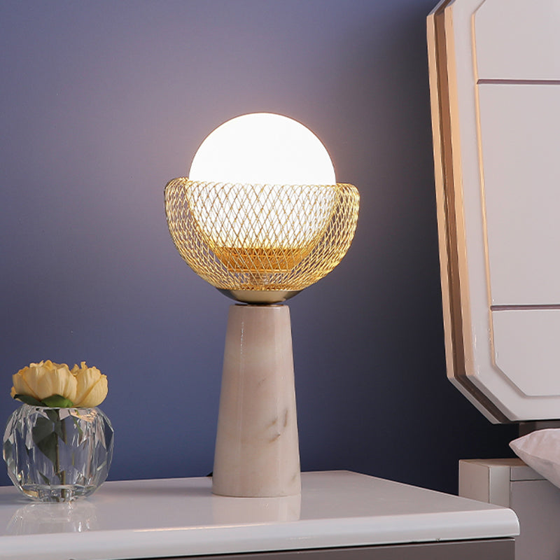 Sphere White Glass Table Light Minimalist 1-Head Gold Night Lamp with Mesh Design