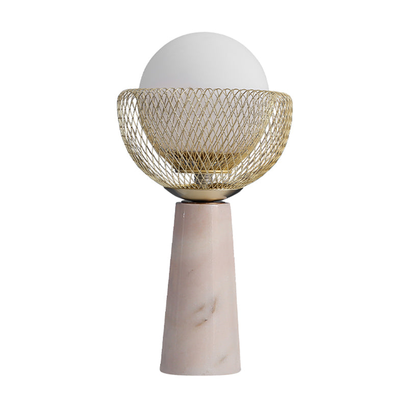 Sphere White Glass Table Light Minimalist 1-Head Gold Night Lamp with Mesh Design