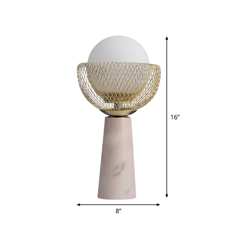 Sphere White Glass Table Light Minimalist 1-Head Gold Night Lamp with Mesh Design