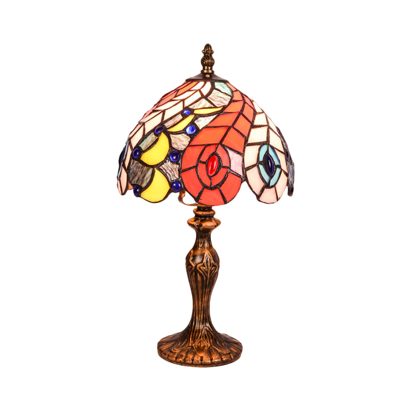 2-Light Bedroom Table Lamp Baroque Brass Peacock Tail Patterned Night Light with Bowl Stained Glass Shade