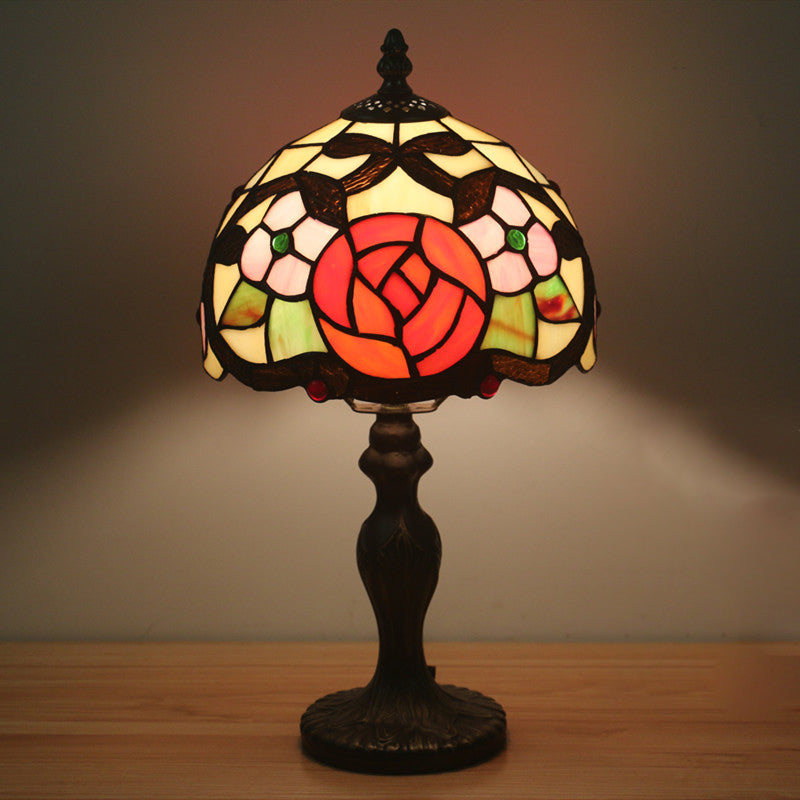 Domed Table Light 1 Light Hand Cut Glass Tiffany Style Rose Patterned Nightstand Lamp for Bedroom