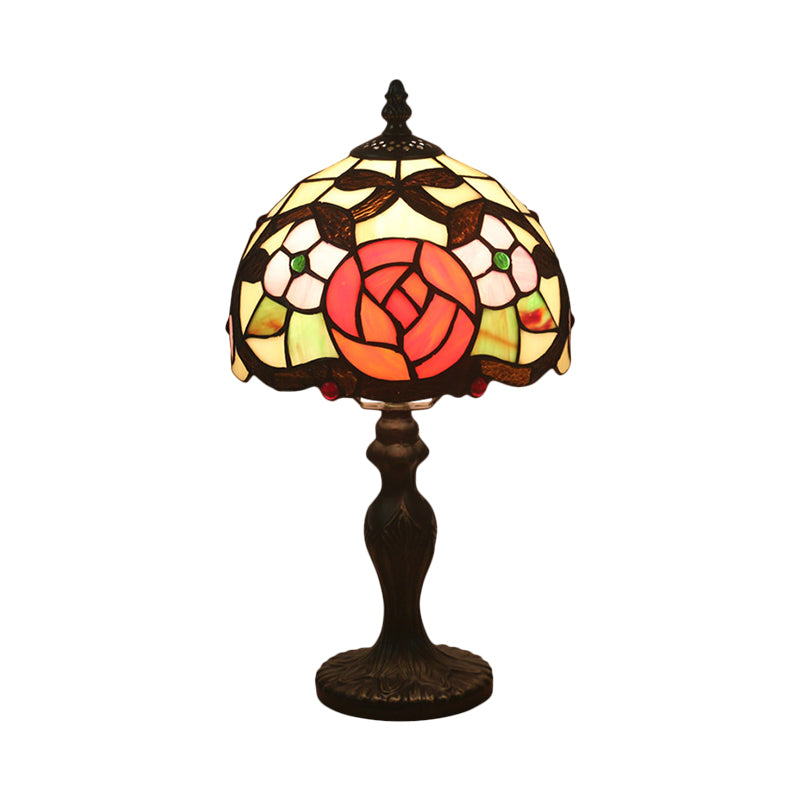 Domed Table Light 1 Light Hand Cut Glass Tiffany Style Rose Patterned Nightstand Lamp for Bedroom