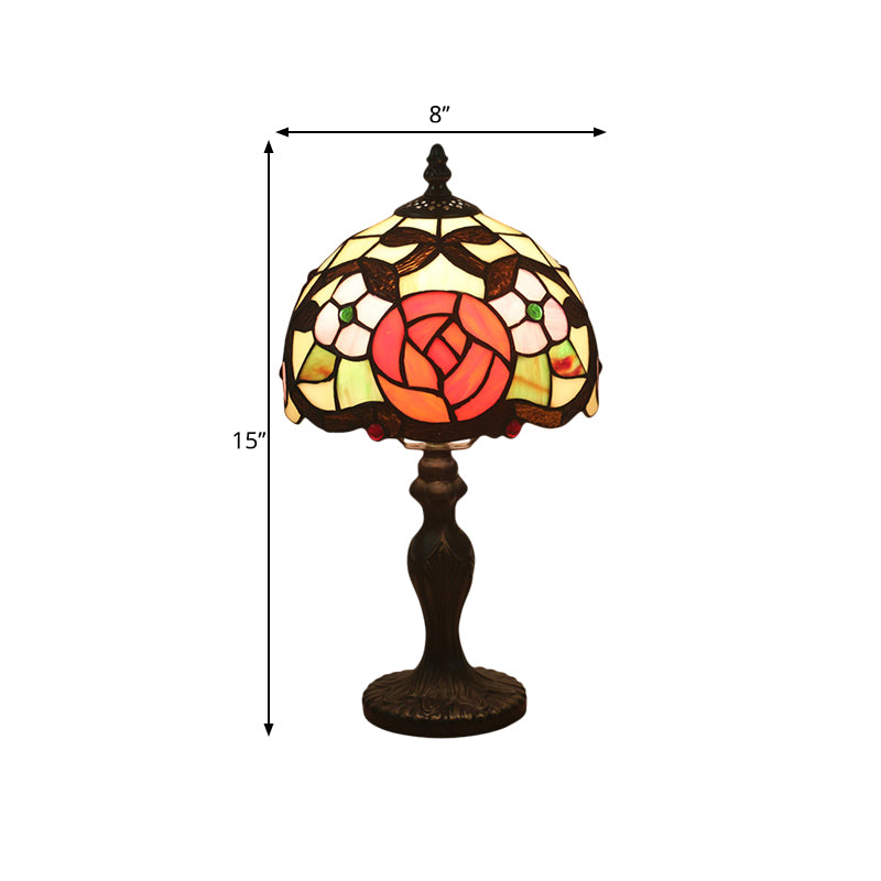 Domed Table Light 1 Light Hand Cut Glass Tiffany Style Rose Patterned Nightstand Lamp for Bedroom