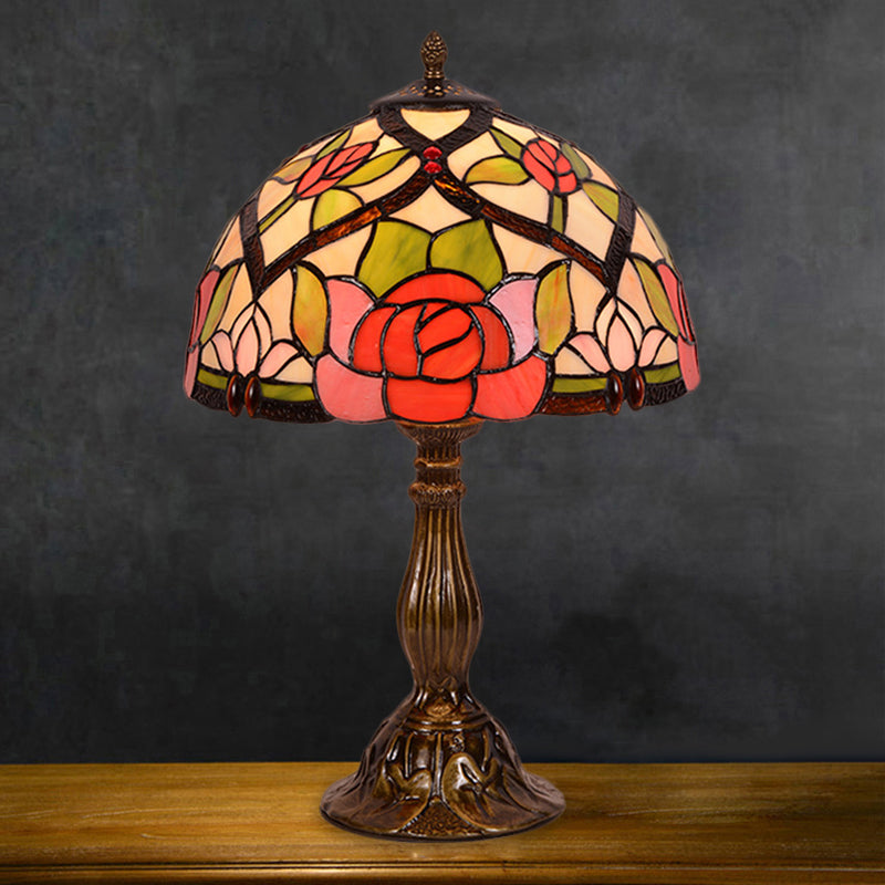 Bloom Night Lighting Victorian Stained Glass 1 Light Brass Finish Nightstand Lamp with Bowl Shade