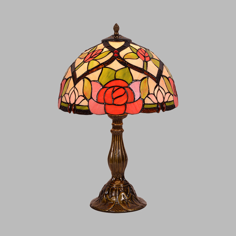 Bloom Night Lighting Victorian Stained Glass 1 Light Brass Finish Nightstand Lamp with Bowl Shade