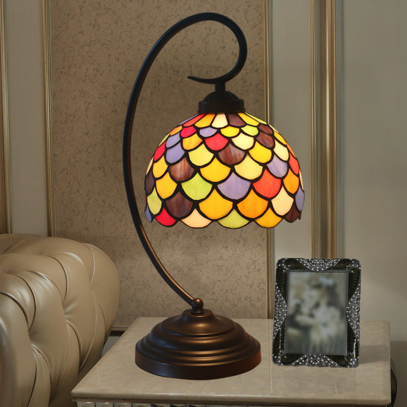 Bronze Dome Shaped Night Table Light Tiffany 1 Light Stained Glass Nightstand Lamp with Fishscale Pattern