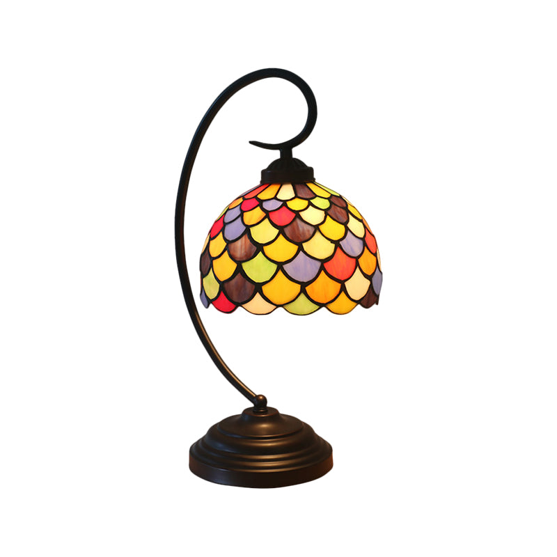 Bronze Dome Shaped Night Table Light Tiffany 1 Light Stained Glass Nightstand Lamp with Fishscale Pattern