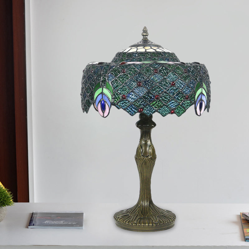 1 Bulb Night Table Lamp Baroque Drum Cut Glass Nightstand Light in Blue with Peacock Feather Pattern