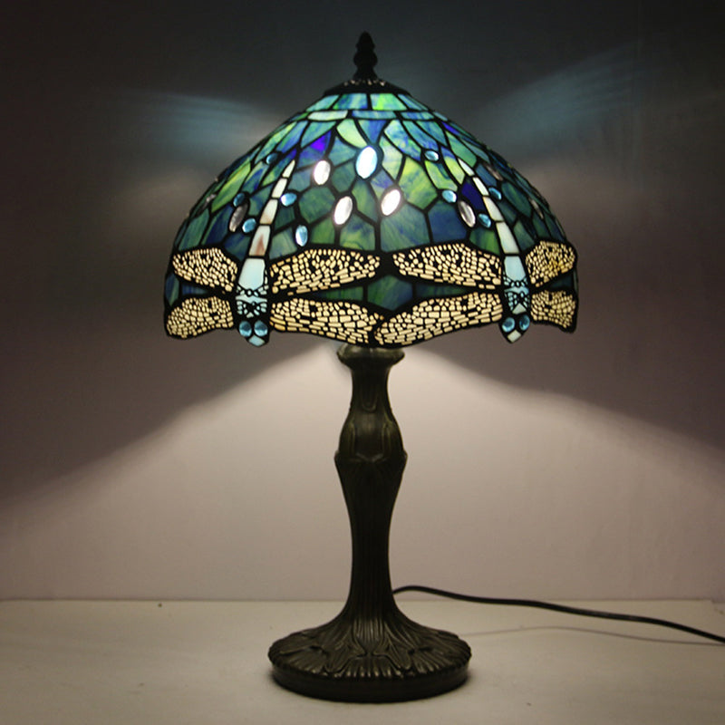 Bowl Stained Glass Night Lamp Mediterranean 1-Light Brass Nightstand Light with Dragonfly Pattern