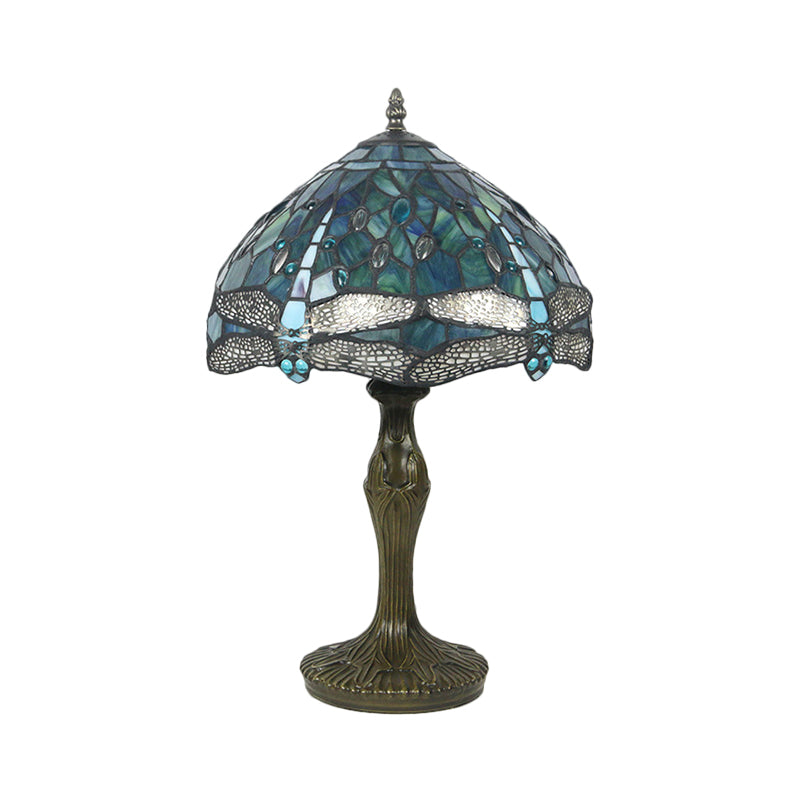 Bowl Stained Glass Night Lamp Mediterranean 1-Light Brass Nightstand Light with Dragonfly Pattern