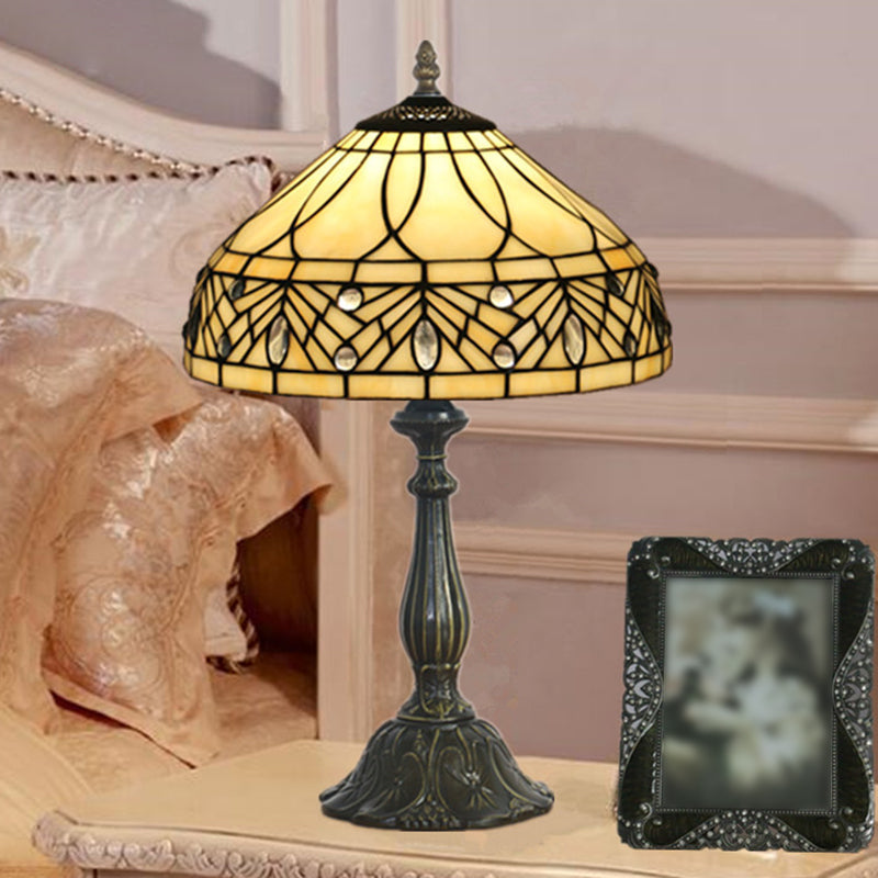 1-Head Bedroom Night Table Lamp Baroque Brass Task Light with Tapered Cut Glass Shade