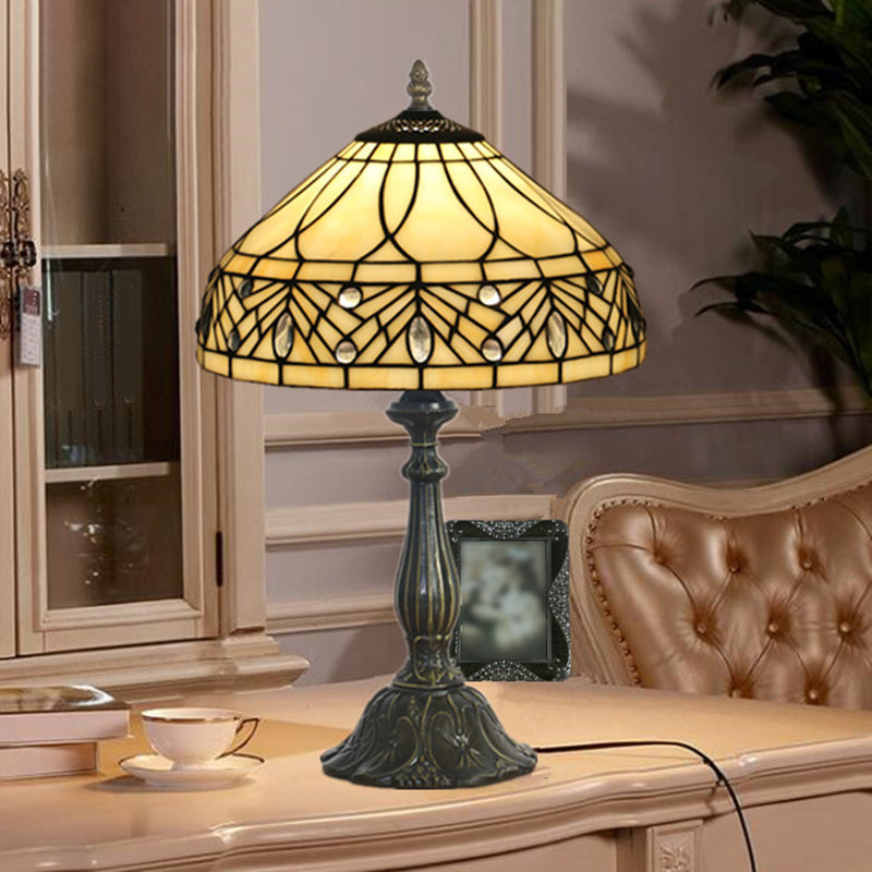 1-Head Bedroom Night Table Lamp Baroque Brass Task Light with Tapered Cut Glass Shade