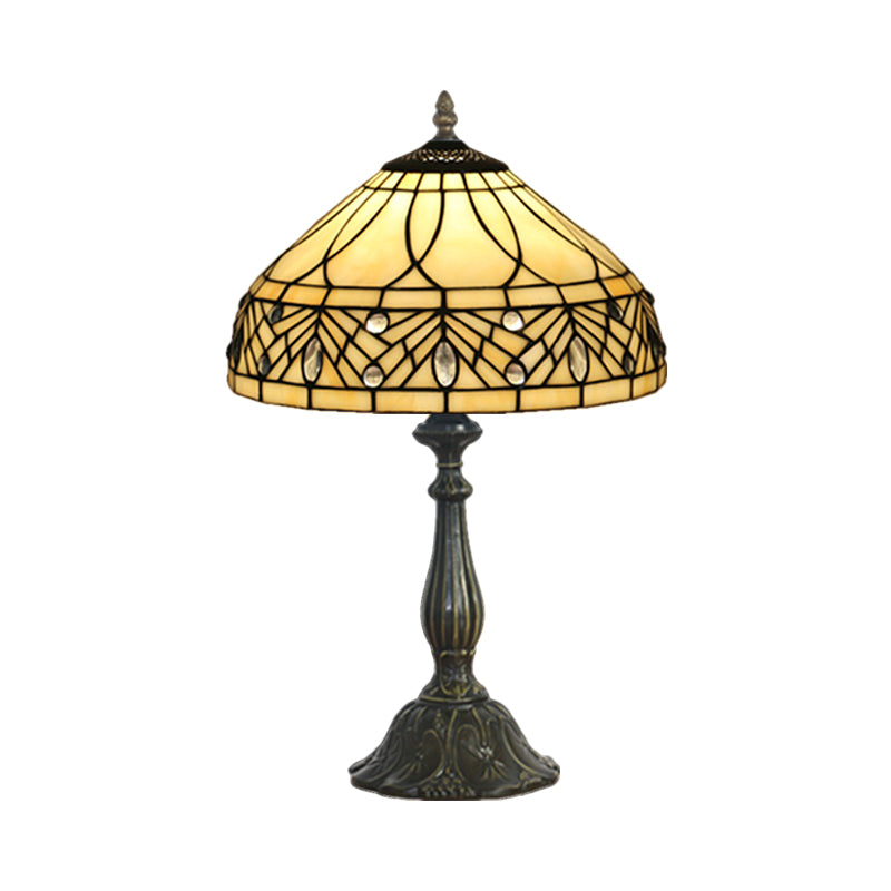 1-Head Bedroom Night Table Lamp Baroque Brass Task Light with Tapered Cut Glass Shade