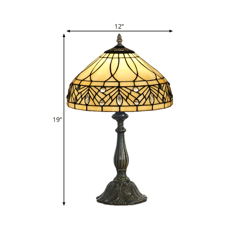 1-Head Bedroom Night Table Lamp Baroque Brass Task Light with Tapered Cut Glass Shade