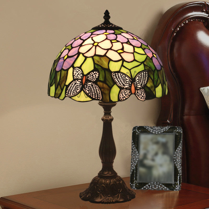 Butterfly and Petal Nightstand Lamp 1 Light Hand Cut Glass Mediterranean Table Lighting in Green with Dome Shade