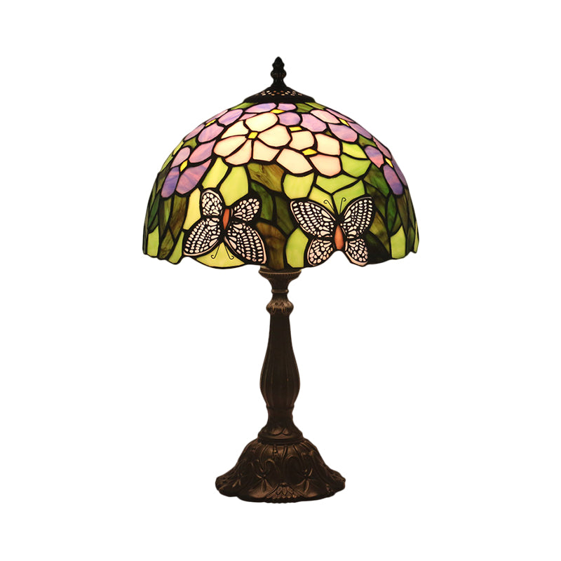 Butterfly and Petal Nightstand Lamp 1 Light Hand Cut Glass Mediterranean Table Lighting in Green with Dome Shade