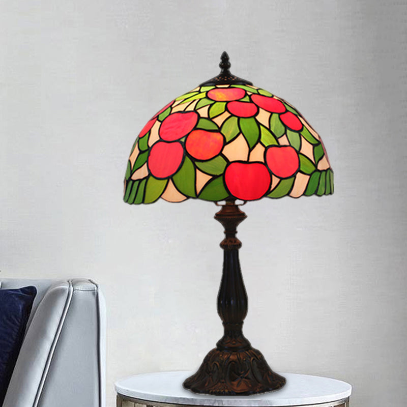 Red and Green Table Lighting Baroque 1-Light Stained Glass Switch Night Lamp with Apple Pattern