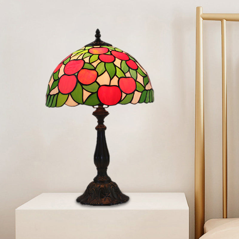 Red and Green Table Lighting Baroque 1-Light Stained Glass Switch Night Lamp with Apple Pattern