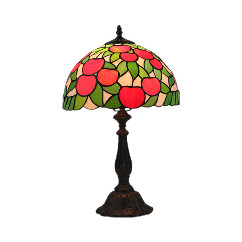 Red and Green Table Lighting Baroque 1-Light Stained Glass Switch Night Lamp with Apple Pattern