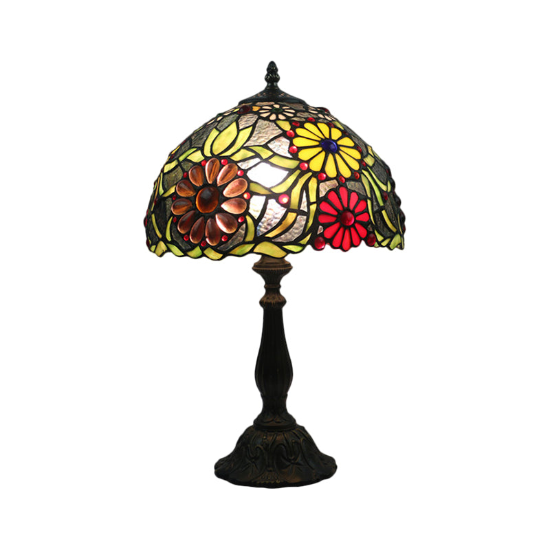 1-Bulb Bowl Table Lamp Mediterranean Green Finish Hand Cut Glass Night Lighting with Flower Pattern