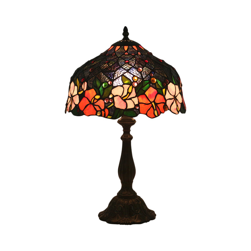 1 Light Bedroom Task Lamp Victorian Brass Floral Patterned Night Light with Bowl Cut Glass Shade