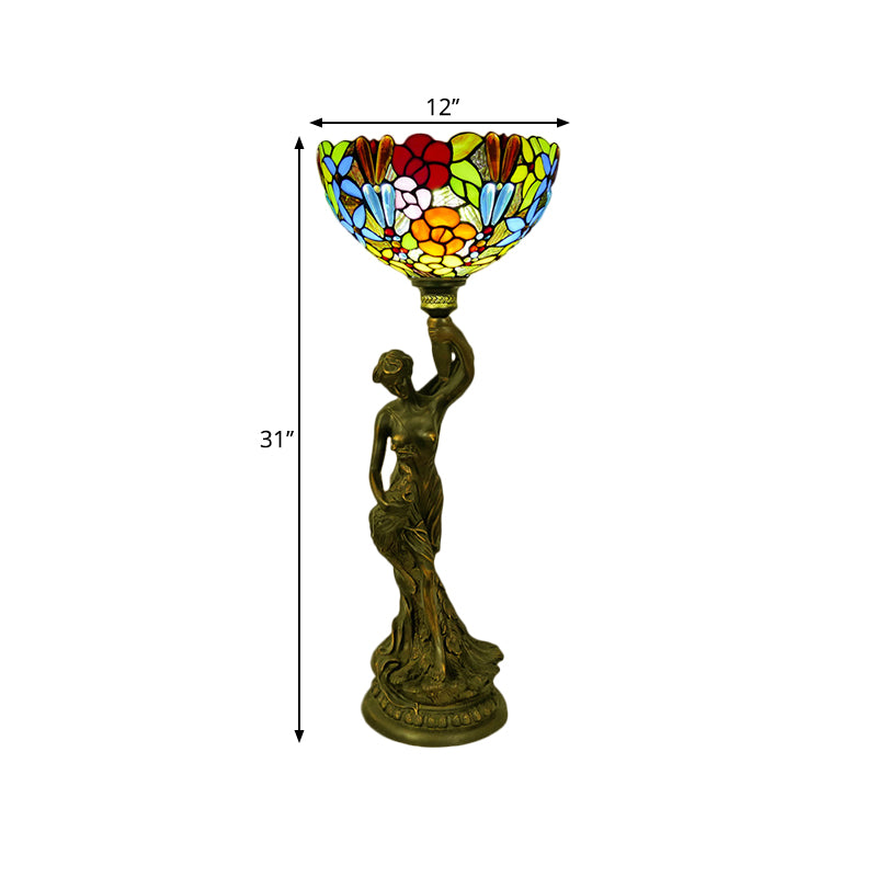 Table de bol Éclairage 1 tête en vitrail Petal baroque / libellule lampe de nuit à motifs en laiton avec résine Naked Woman Base