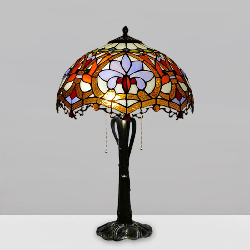 Cone/Dome Nightstand Lighting Victorian Cut Glass 2-Head Gold Pull Chain Table Lamp with Blossom Pattern