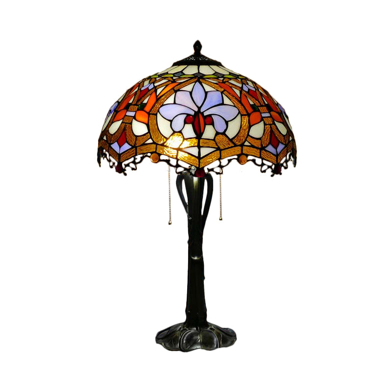 Cone/Dome Nightstand Lighting Victorian Cut Glass 2-Head Gold Pull Chain Table Lamp with Blossom Pattern